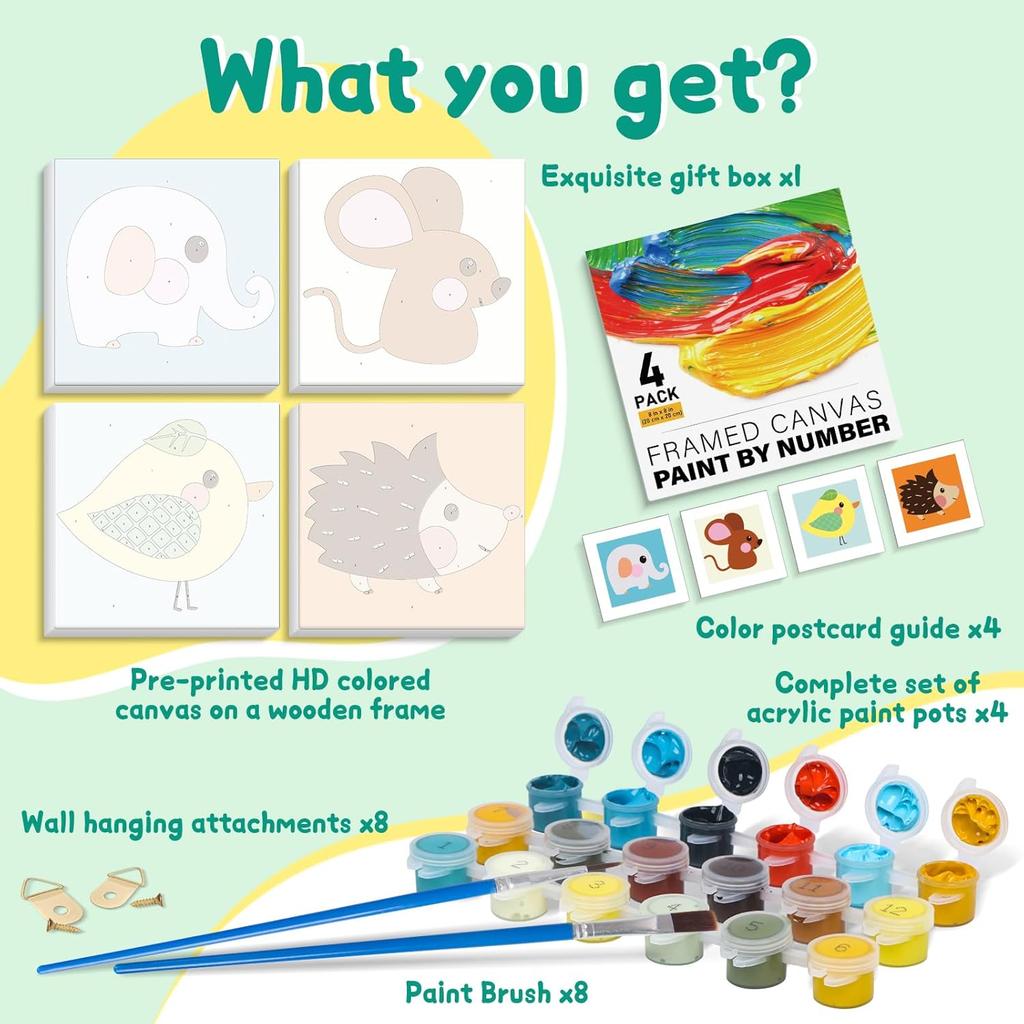 4 Pack Paint by Numbers Kit for Kids with Wooden Frame, Animals Easy Framed Paint by Numbers for Kids Age 4-8-12, DIY Simple Acrylic Oil Kids