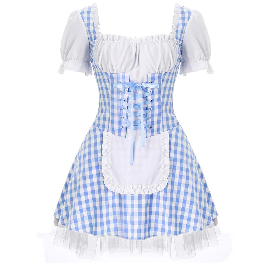 Women's French Maid Apron Cosplay Costume Lace Ruffle Tulle Plaid Fancy Dress