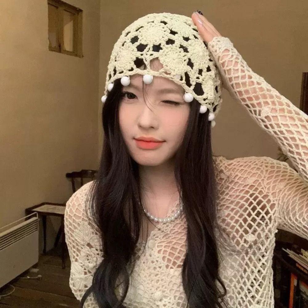 Sweet Crochet Hollow Knitted Hat Beads Tassels Ethnic Style Hat Casual Weave Cap Outdoor