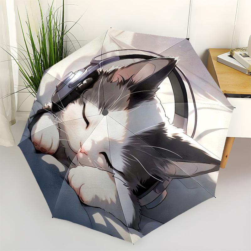 1pc Sleeping Cat with Headphones Umbrella with Plastic Handle, Suitable for All Seasons Outdoor PT397
