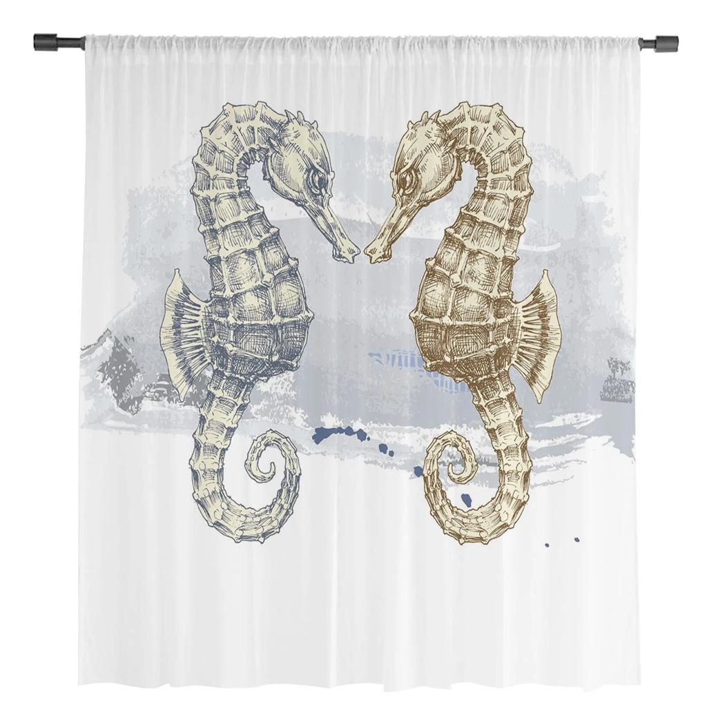 Marine Life Two Seahorses Sheer Curtains for Living Room Voile Curtain Bedroom Bathroom Tulle Curtains Window Drapes