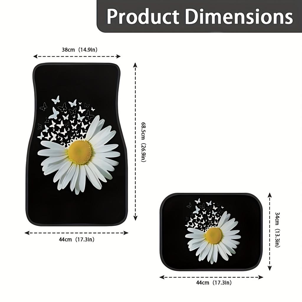 4pcs White Daisy Butterfly Car Non-Slip Carpet | Polyester, Easy To Clean & Install, Suitable for Cars & SUVs, Universal Fit