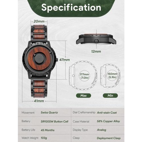 EUTOUR Men's Wooden Magnetic Watch with Ball Bearing Design, Minimalist Casual Quartz Movement, 40mm, Black Dial, Wooden Band