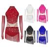 Womens Figure Skating Costume Sleeveless Leotard Back Hollow Out Tassel Skirted Bodysuit with Mesh Gloves Latin Set