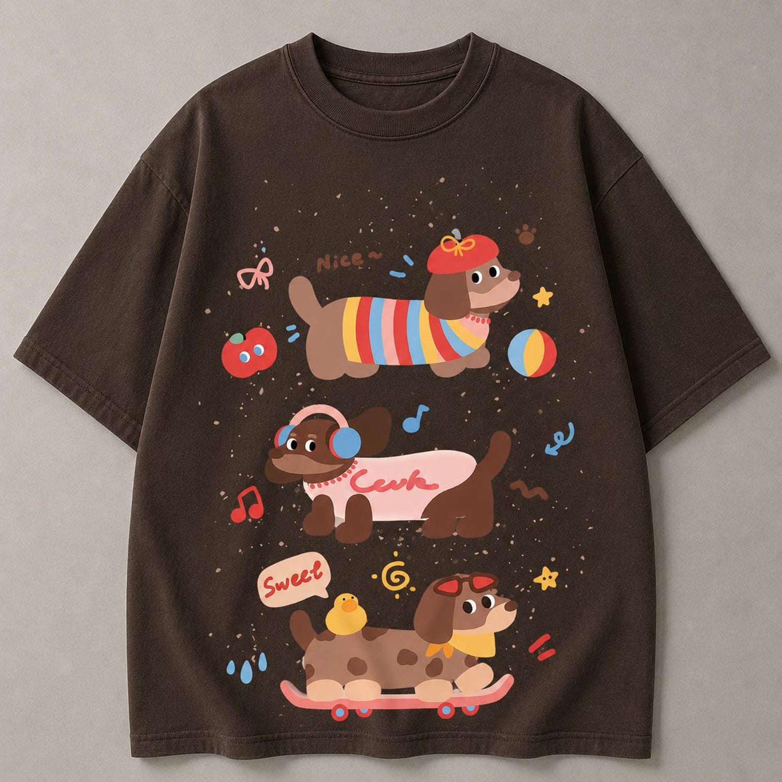 Dachshund Cartoon T-Shirt – Kawaii Puppy Graphic Tee for Dog Lovers M