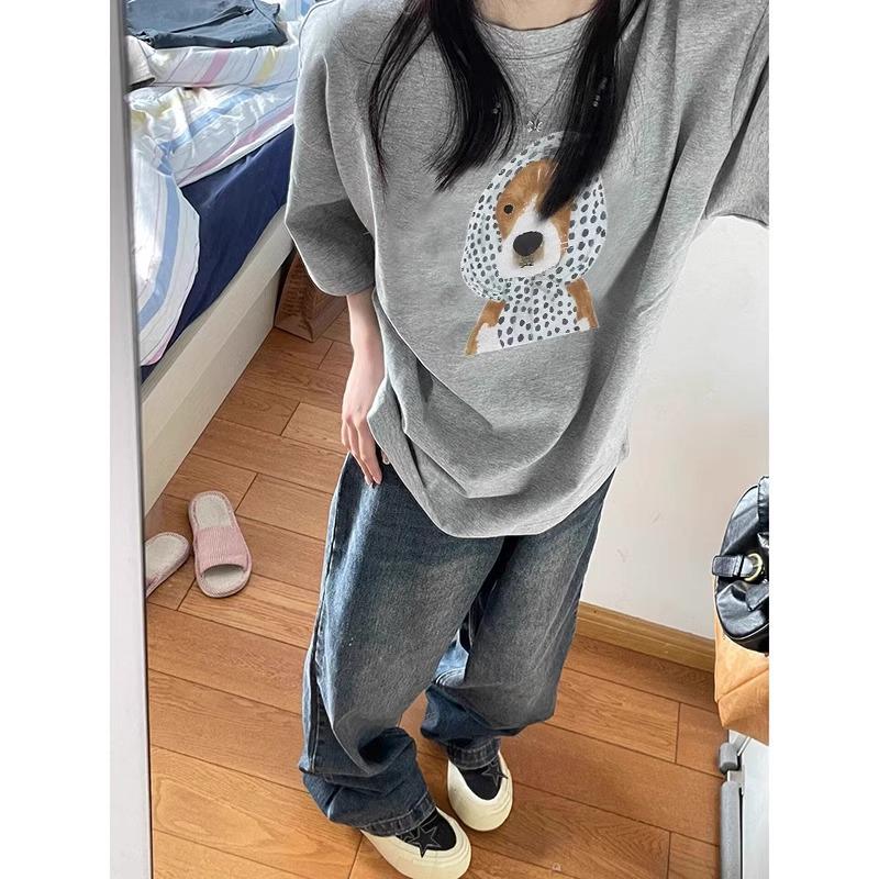 2025 Women's Gray Summer Loose Short-Sleeve Pure Cotton Niche Top