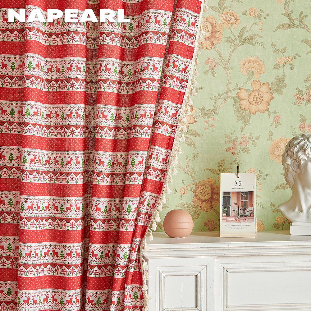 1PC NAPEARL Christmas Style Cotton Linen Green Red 40% Semi Blackout Window Drapes With Tassels For Small Window Living Room Festival Decor