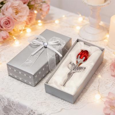 Faux Crystal Rose Flower Gift with Metal Stem Clear Flower Figurine with Gift Box