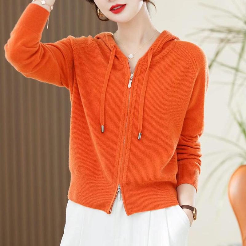 

Fashion double zipper hooded women s cardigan spring and autumn loose temperament casual solid color knitted sweater jacket 2043-315 (average size) помаранчевий