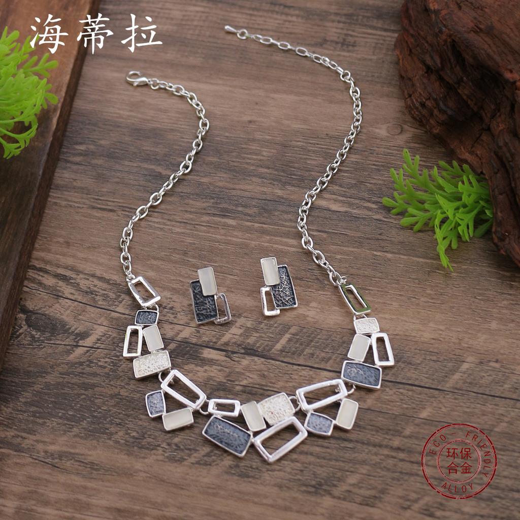 New Color Painting Oil Irregular Square Stud Earrings Necklace Set, Women's High-end Geometric Necklace