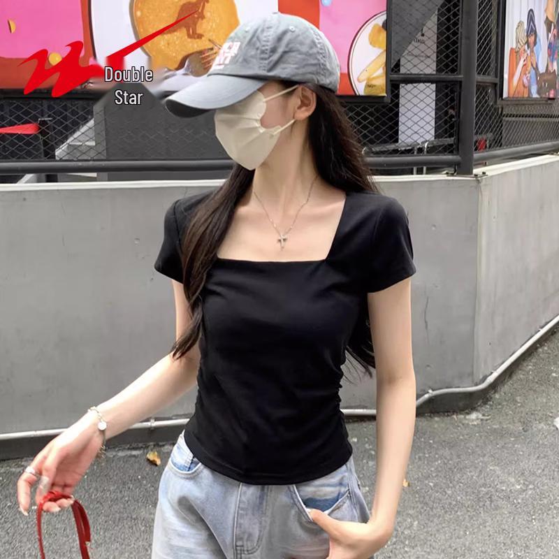 Shuangxing Women's Slim Fit Square Neck Short Sleeve Tee