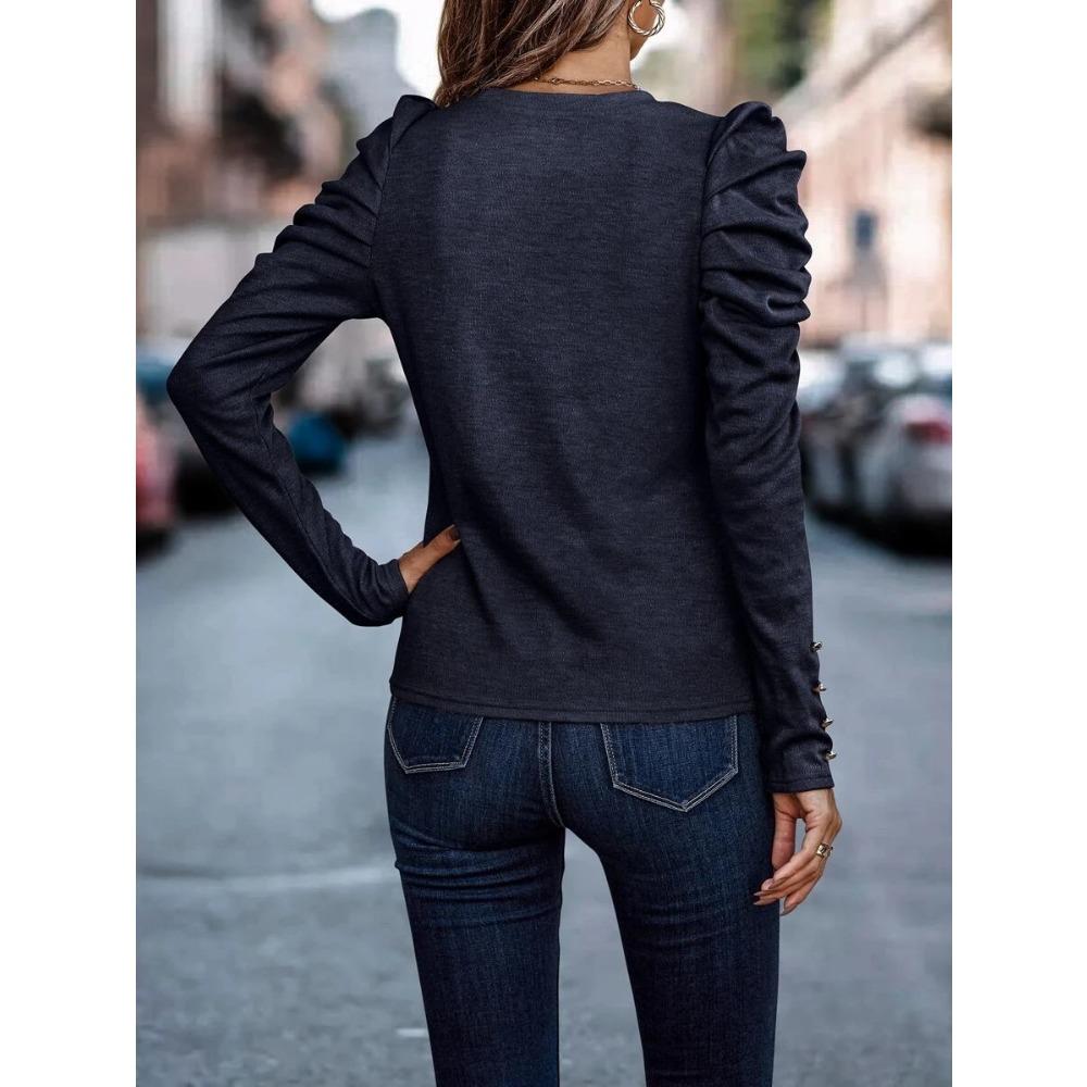 GMXIA Damen Herbst Winter Hochelastischer Kaschmir Rundhals Slim Puffärmel Langarm Oberteil