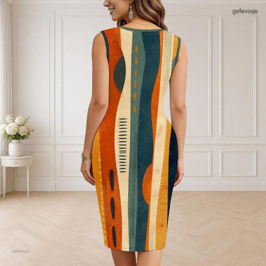 Women s Plus Size V Neck Sleeveless Geometric Printed Bodycon Midi Dress