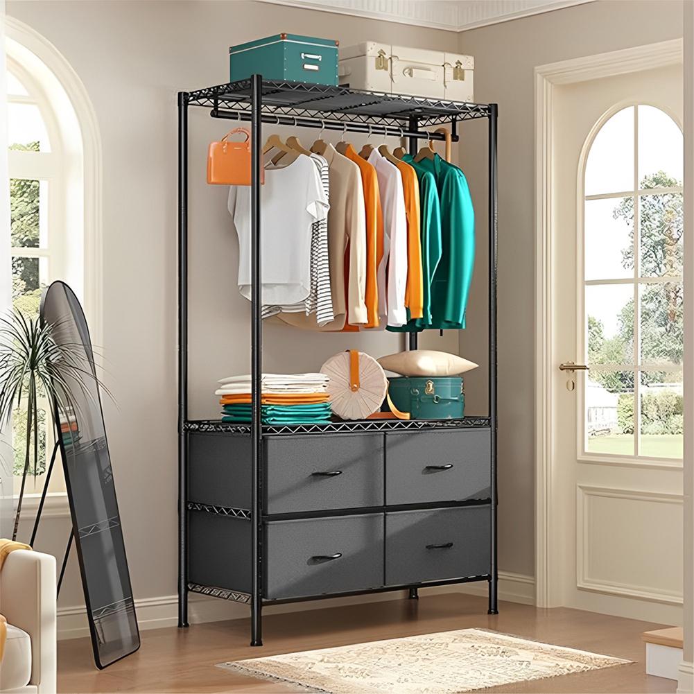 Heavy Duty Rolling Garment Rack Adjustable Wire Shelving with Rod, Storage Closet Clothing Rack with 4 Drawers Dark Grey