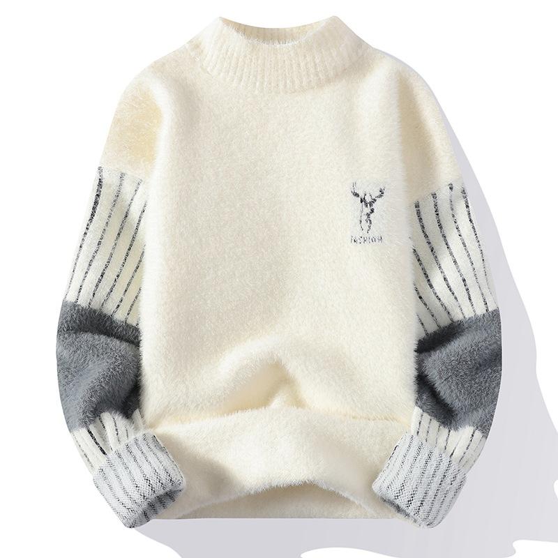 

Thickened Winter Semi High Neck Knitted Sweater with Anti Pilling Splicing Men s Casual Long Sleeved Bottom Printed Pullover 4XL