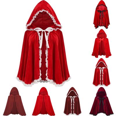Red Wine Cape Short Cape Ruffled Lace Pleated Lace Hooded Cape Velvet