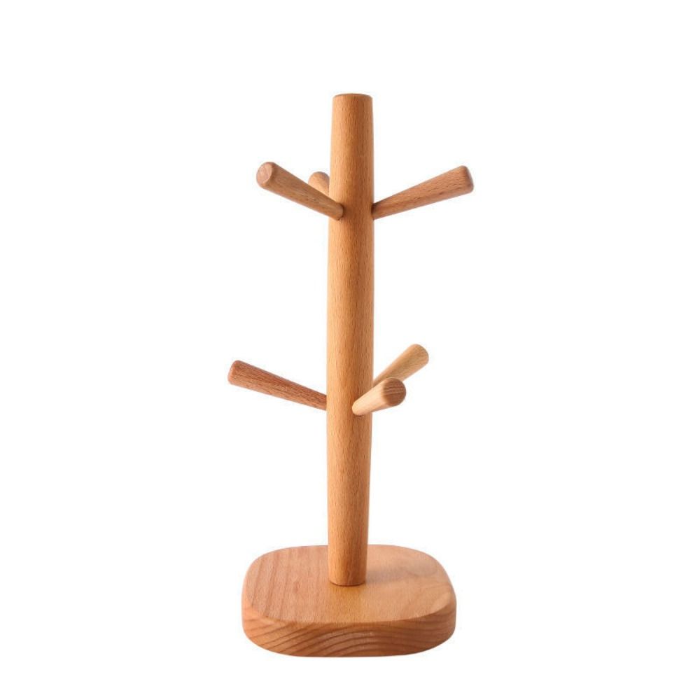 Wooden Mug Hanging Display Rack 6 Hooks Tea Cups Drainer Tabletop Drinkware Shelf  Home Decor