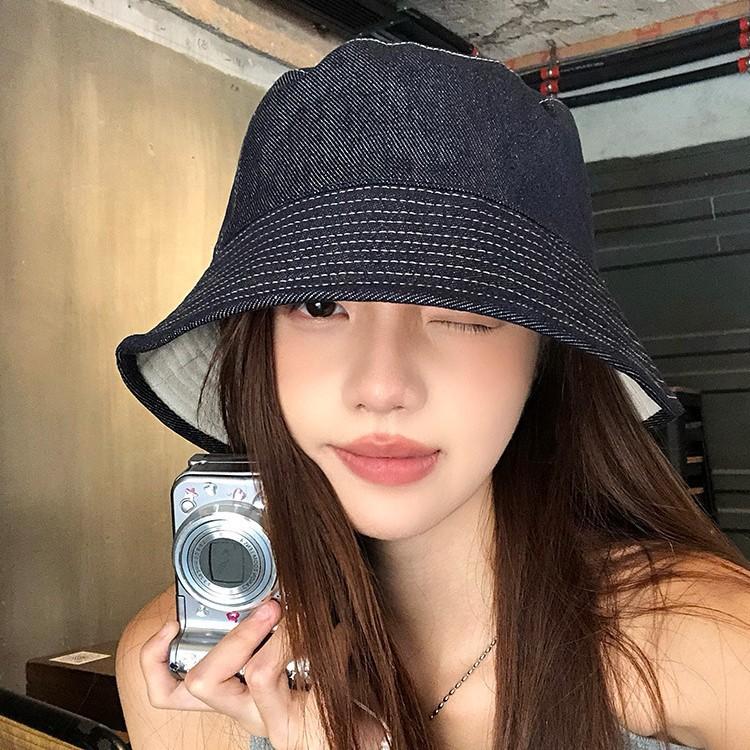 Retro Double-sided Can Wear Denim Bucket Hat Women's Summer Face Small Versatile Bucket Hat Sunshade Sunscreen Basin Hat