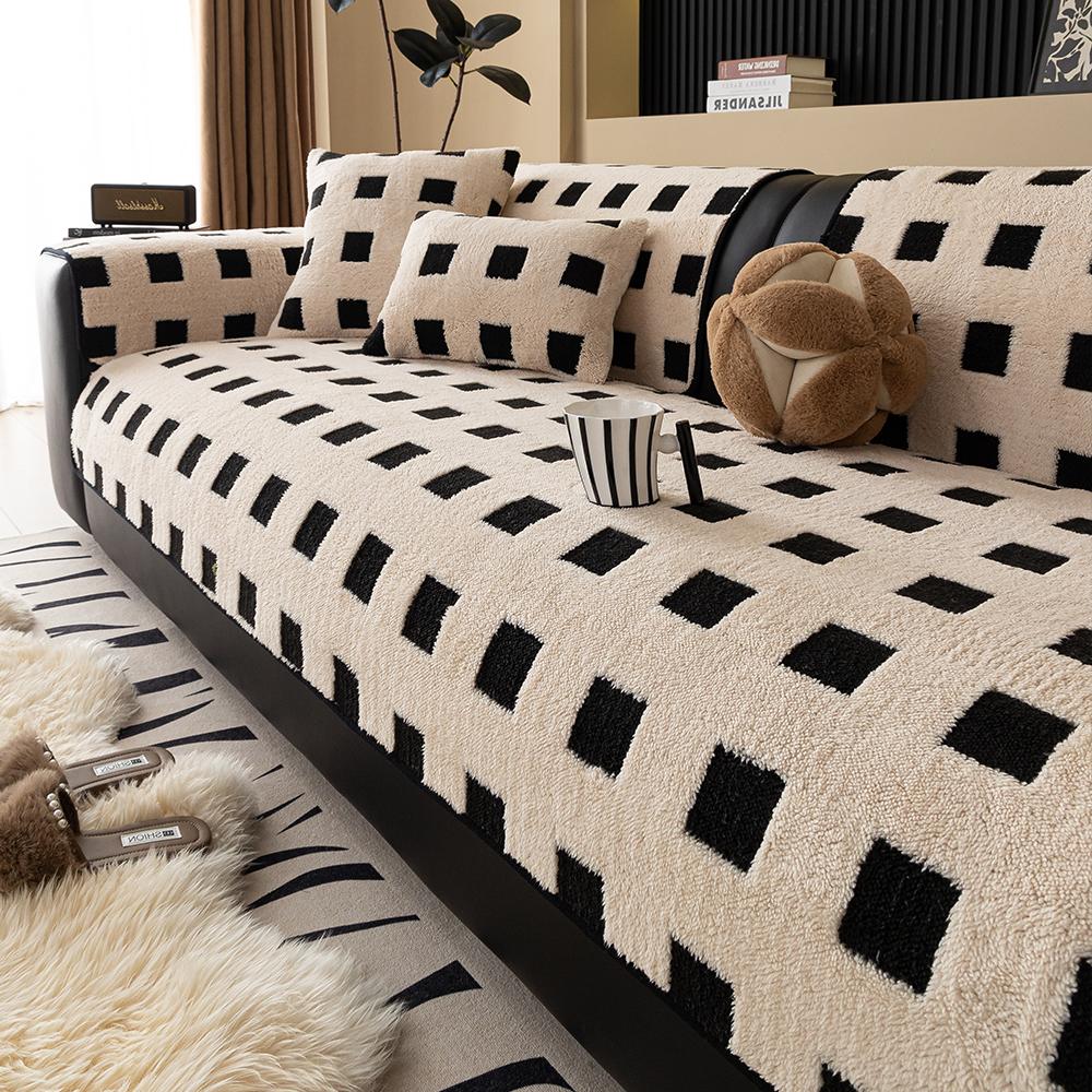 Winter Plush Sofa Cushion Checkered Pattern Soft  Warm Home Protection Cover Anti-Slip Sofa Pad for Living Room Decor Office