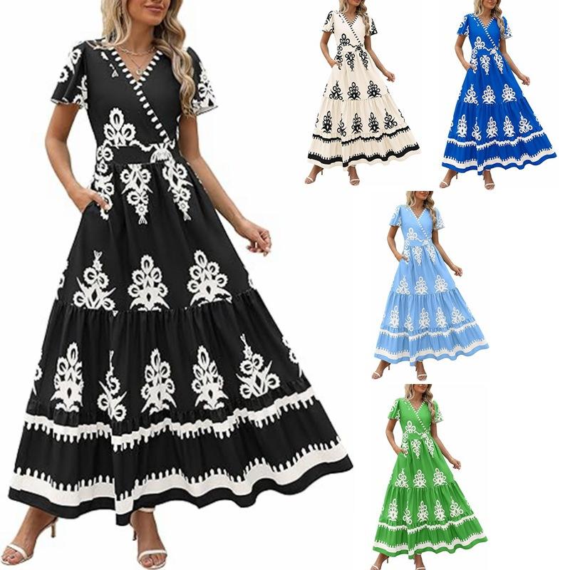 Women's V-neck flared sleeve floral print pocket short-sleeved dress