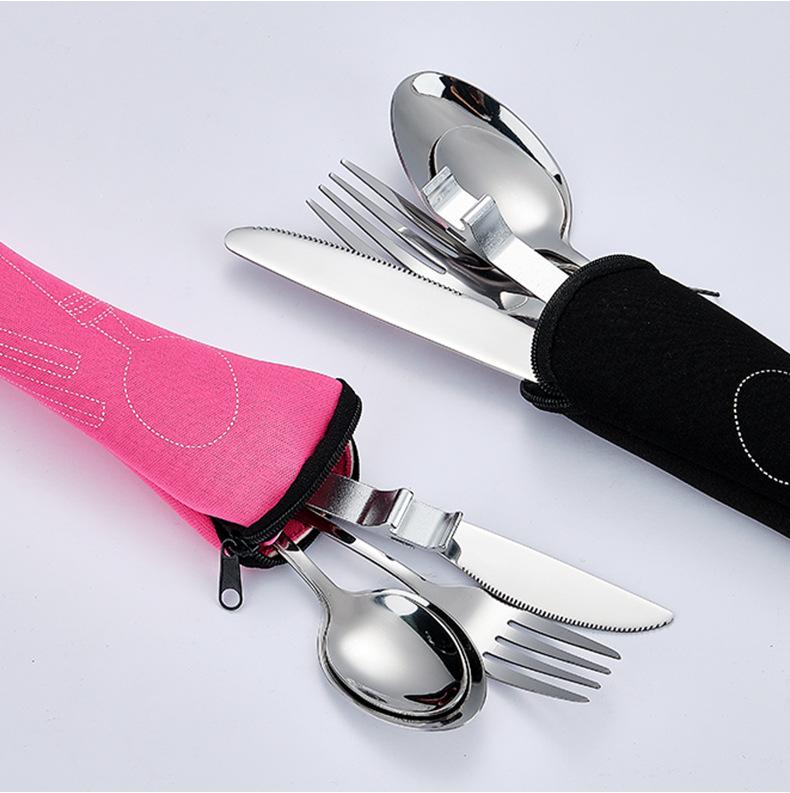 Stainless Steel Travel Cutlery Set: Knife, Fork, Spoon, Bottle Opener with Portable Storage Bag for Outdoor Camping