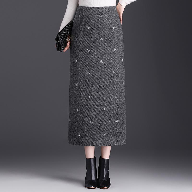 2026 Spring Wool Embroidered High-Waisted Slit Pencil Skirt XL