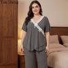 Plus Size Women Pajama Set V‑Neck Lace Bow Short Sleeve Wavy Edge Wide Leg Pants Soft Smooth Sleep Loungewear