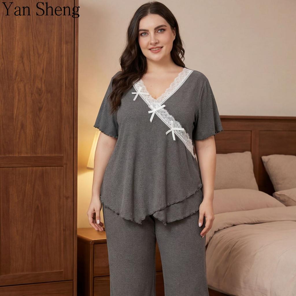 Plus Size Women Pajama Set V‑Neck Lace Bow Short Sleeve Wavy Edge Wide Leg Pants Soft Smooth Sleep Loungewear