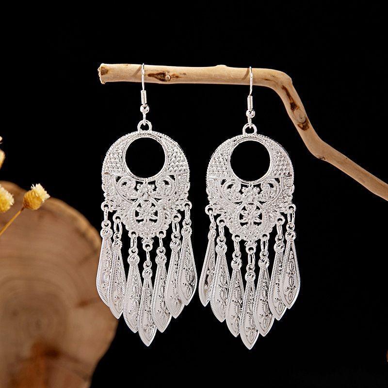 Ethnic Miao Silver Leaf Tassel Earrings