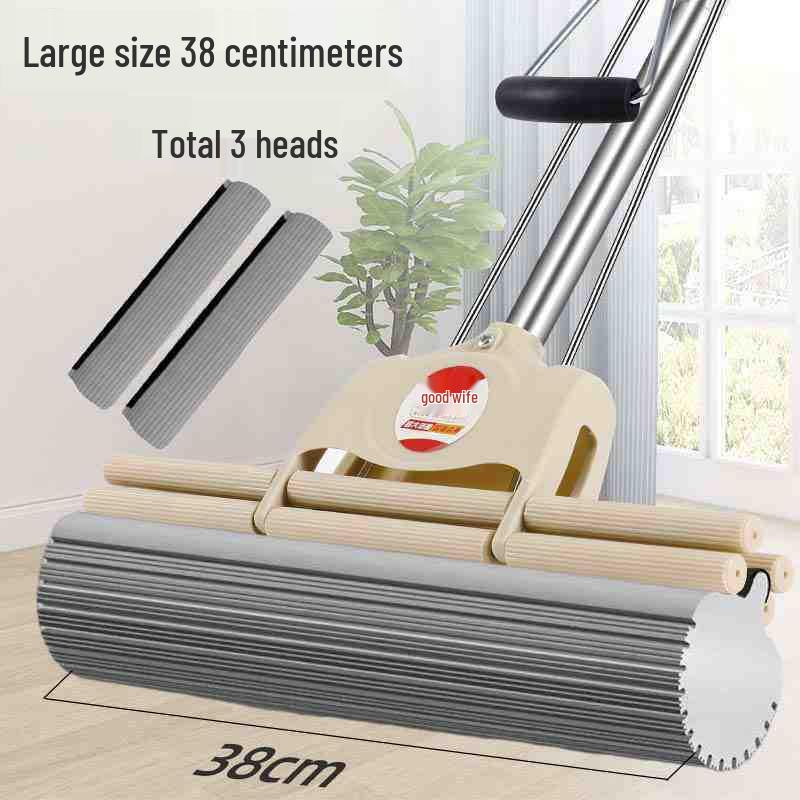 Large Absorbent Sponge Mop with Stainless Steel Handle - No-Hand-Wash Design