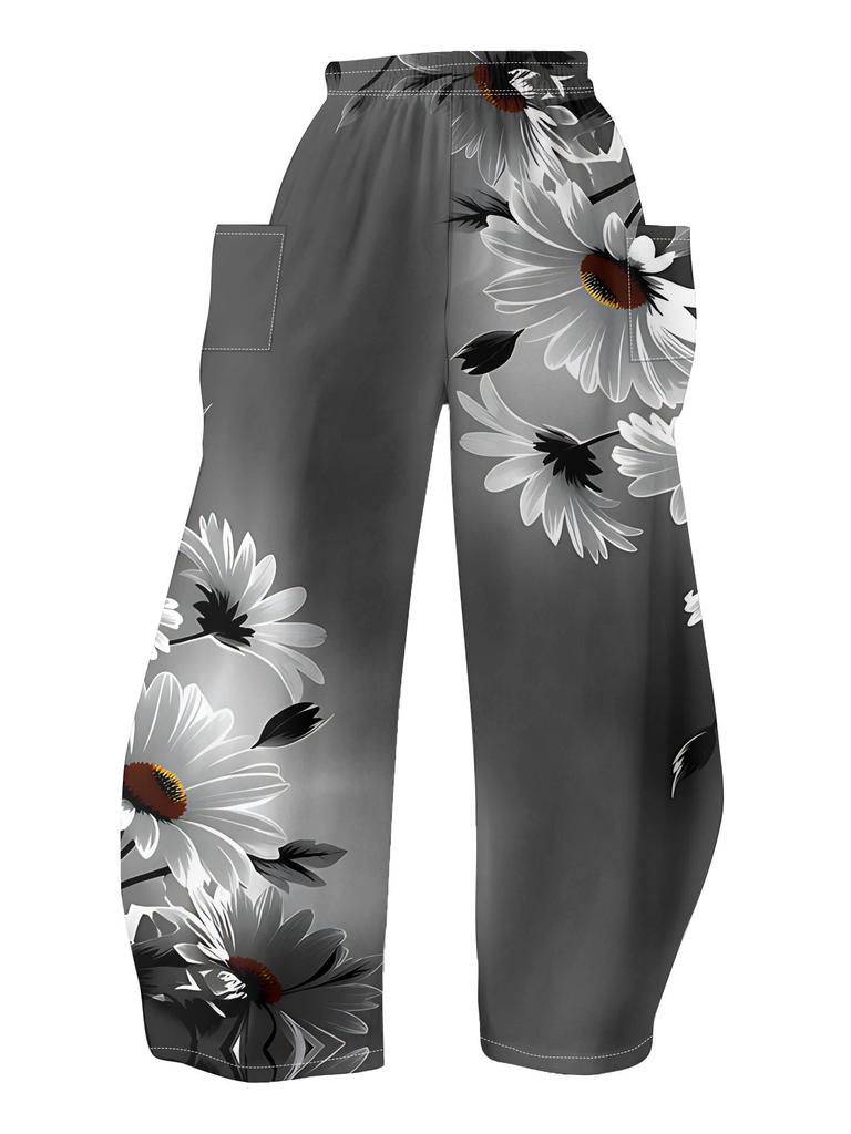 Women's Standard Size Fashion Loose Wide-Leg Pants, High-Waisted Draped Slim-Fit Daisy Print Casual Trousers