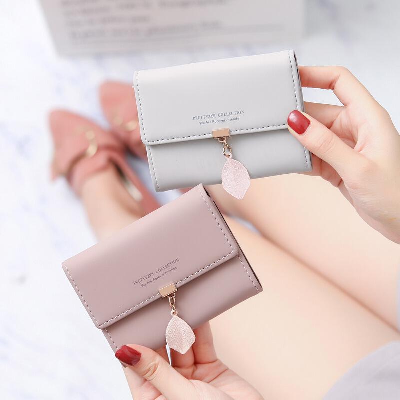 Women's Wallet Cute Leaf Accordion Mini Card Holder Fashion Short Coin Purse Simple Solid color Wallet Multiple Slim Coin Purse