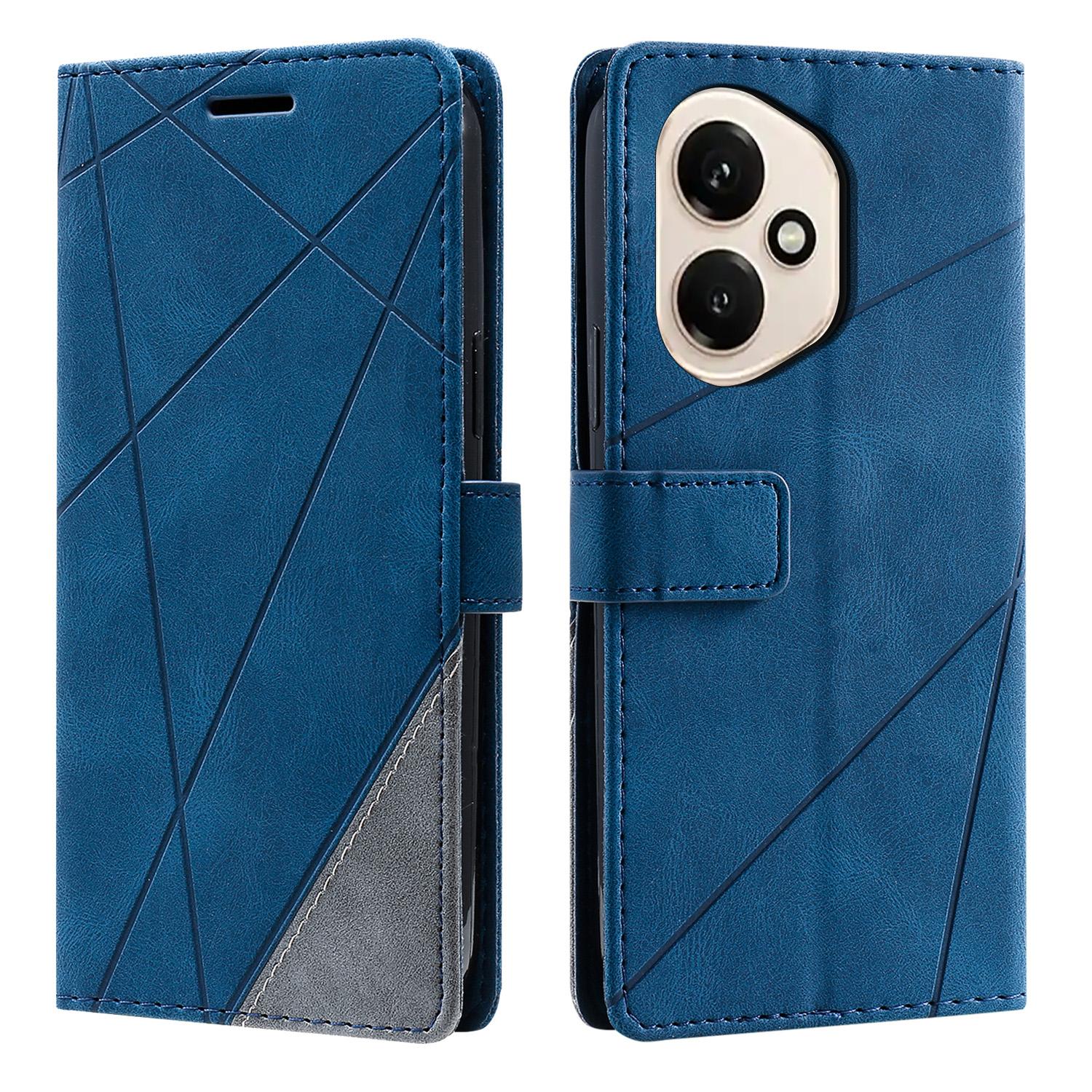 

For Honor 400 5G (Global) Case Imprinted Lines PU Leather Splicing Wallet Phone Cover with Wrist Strap Blue