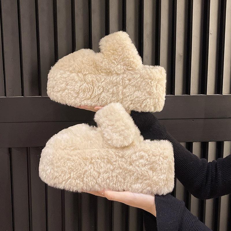 Baotou Mao Mao Slippers Autumn and Winter Wear 22 New Thick-bottomed Muffin Household Plush Cotton Slippers Hongjie 34