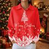 Women's Knit Top Christmas Print Long Sleeve Button Collared Shirt for Casual Holiday Wear