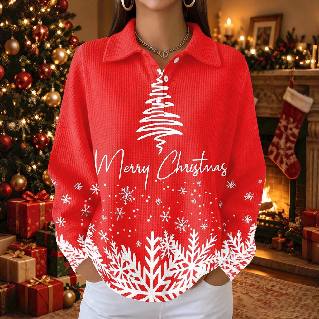 Women's Knit Top Christmas Print Long Sleeve Button Collared Shirt for Casual Holiday Wear