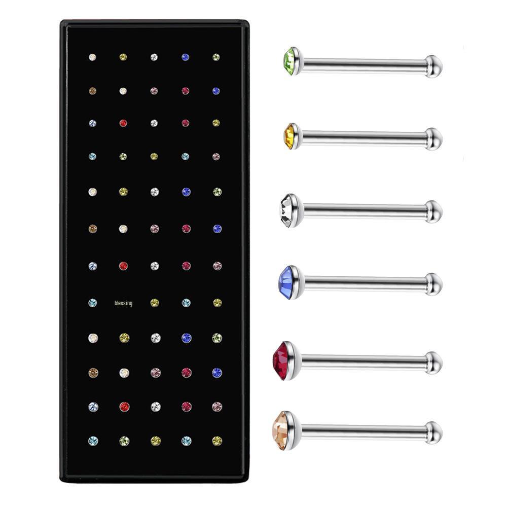 60 Stainless Steel L-Shaped Nose Studs (1.5/2.0/2.5mm) with Diamond Inlay Curve Nose Rings