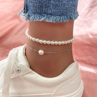 Simple and Fashionable 2 Pearl Anklets, Versatile Streamlined Beach Women's Foot Jewelry, Factory Price