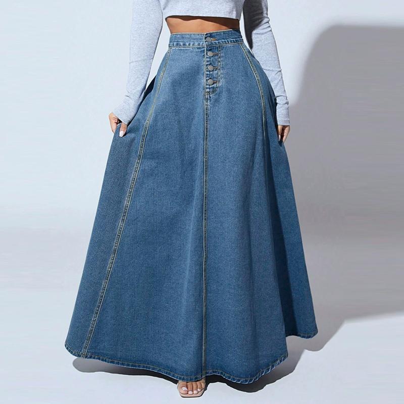 Denim Skirts Women Long Skirt A Line Single Breasted High Waist Jeans Vintage Maxi Simple Casual Elegant Splice Y2k Streetwear