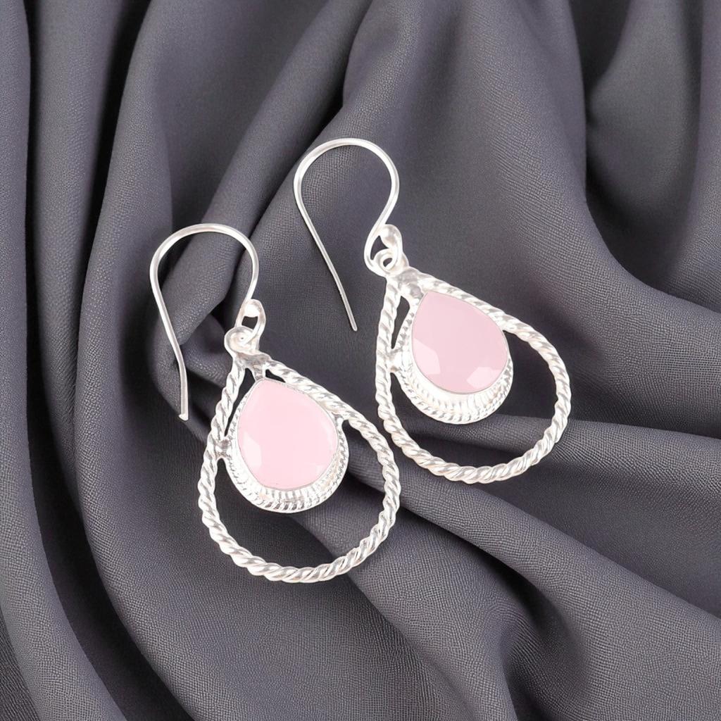 Rose Chalcedony Gemstone 925 Sterling Silver Jewelry Handcrafted Earrings 1.70" EE-96-19
