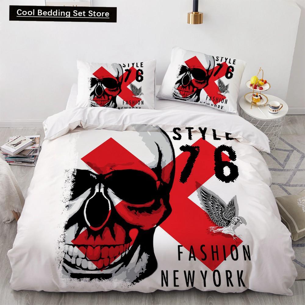 Skull Couple King Queen Duvet Cover Skeleton Bride Bedding Set for Kids Teens Adults Halloween White 2/3pcs Soft Quilt Cover