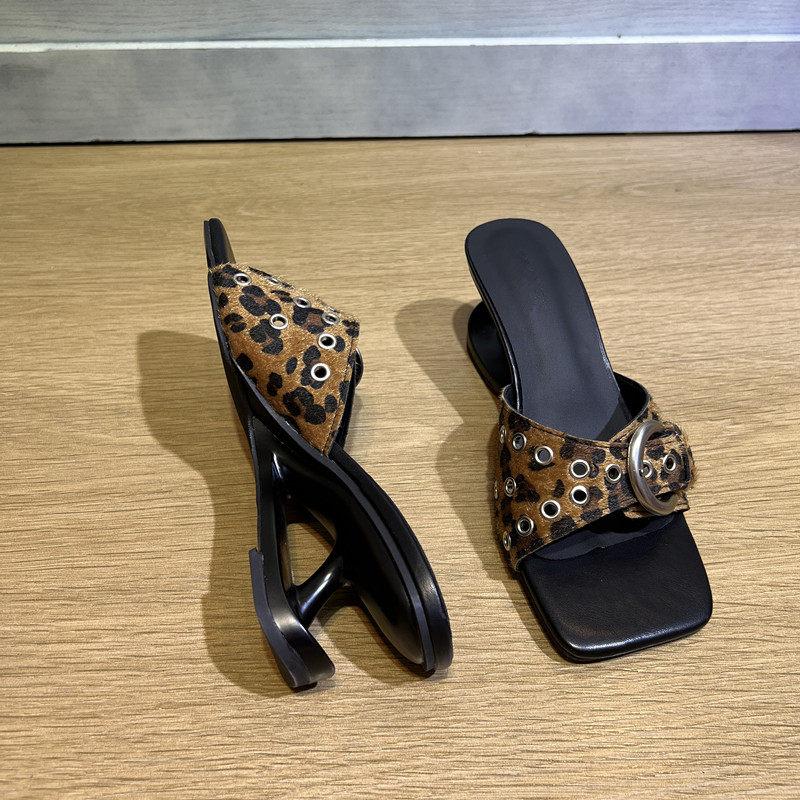 Women High Heels Sandals Leopard Buckle Strange Style Slippers Square Toe Slip on Sexy Shoes Women Summer New Dress Party Shoes