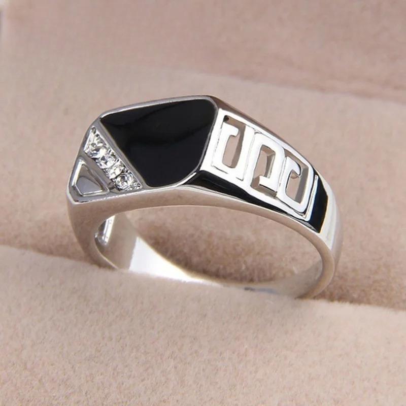 Classic Male Mens Wide Band Ring Unique Sterling Silver Plated White Black Rhinestone Square Statement Hip Hop Jewelry