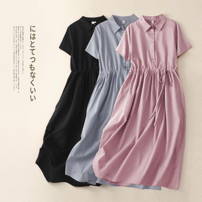 Xinxing 2025 Summer Cotton Linen Retro Short Sleeve Mid-Length Shirt Dress for Women
