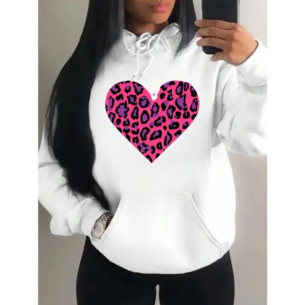 Pink Leopard Print Heart Printing Hoody Women Fashion Oversized Hoodie Pullover Autumn Fleece Clothes