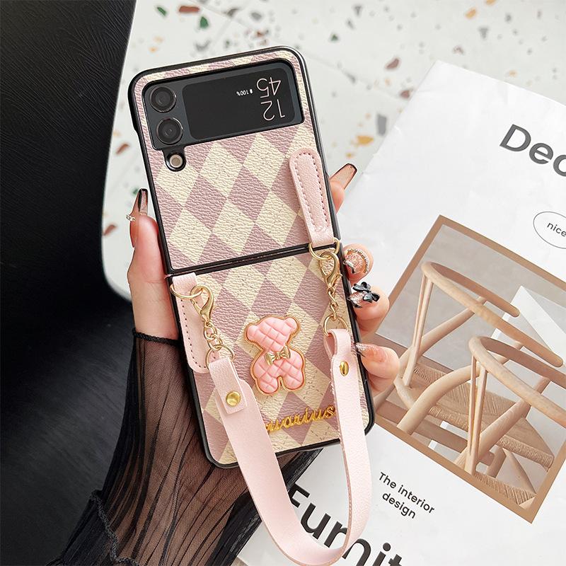 For Samsung Zflip6 Crossbody Rope Flip Phone Case P50 Folding Screen Xflip Bear Rhombus Letter Hard