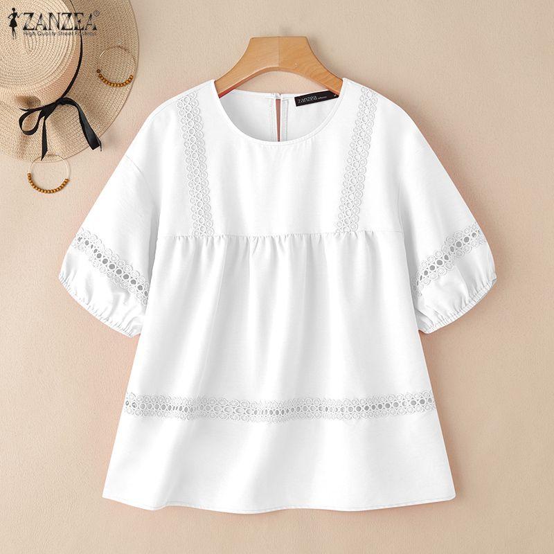 

ZANZEA Женские повседневные кружевные вышитые лоскутные блузки с коротким рукавом и крючком 4XL белый