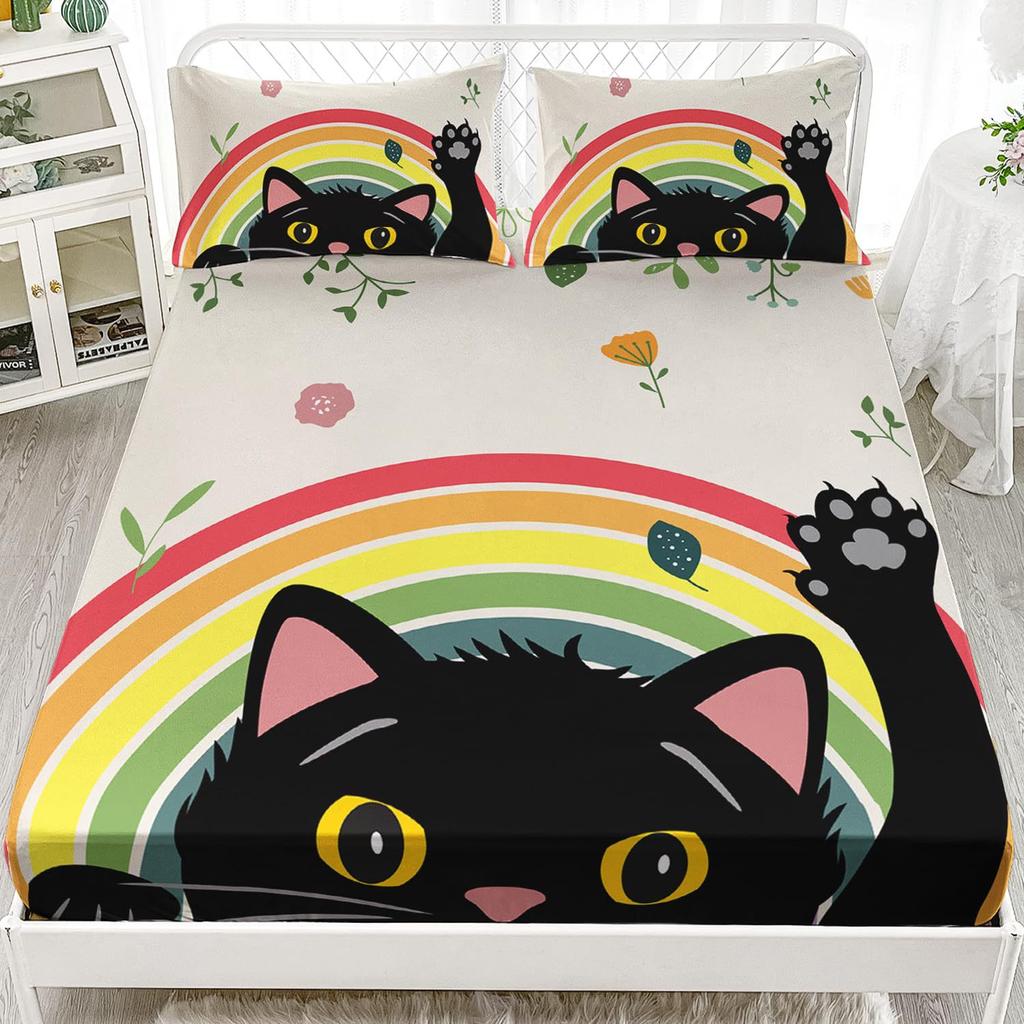 Cute Cat Pattern Mattress Three-Piece Digital Printing Mattress Bedding Set Adult Children