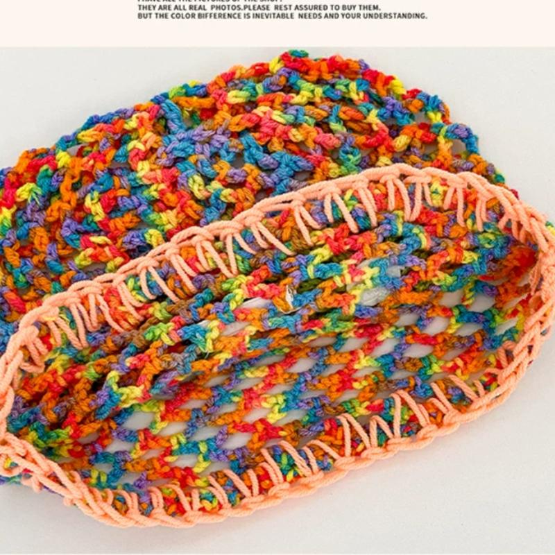 Korean Style Colorful Dopamine Hollow Flower Knitted Hat for Women Summer Versatile Light Handmade Crochet Pullover Beanie Caps