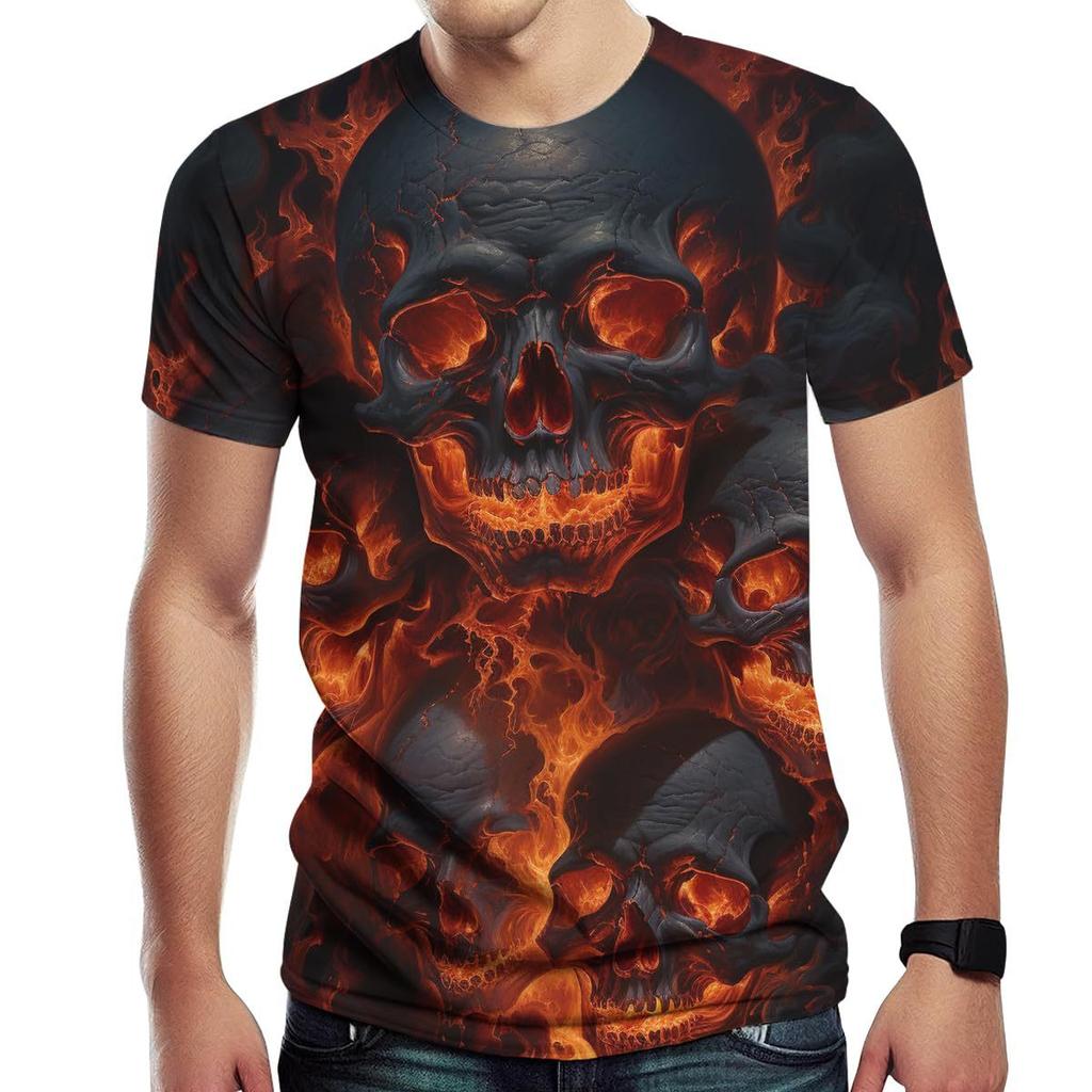 Summer Round Neck 3D Flame Skull Graphic Print Top Fashionable Casual Short Sleeved Men's T-shirts